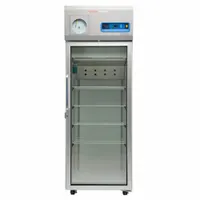 Upright lab refrigerator with 29.2 cu ft capacity, swing glass door, and gray finish. Maintains 3°C to 7°C temperature range using R-290 refrigerant. Overall depth 37 1/4 inches. Suitable for storing temperature-sensitive reagents, vaccines, and biological samples in laboratory environments