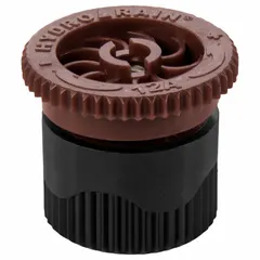 Plastic adjustable nozzle with 0° to 360° pattern, 12 ft throw radius, flow rate 0.39 to 8.97 gpm, pressure range 15 to 30 psi. Used for precise irrigation in lawns, gardens, and shrub beds.
