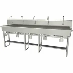 This five-station freestanding wash station is constructed from 16-gauge stainless steel. It features a 97-inch bowl length and 8-inch bowl depth, with a flow rate of 0.5 gpm. Side splash is not included. Suitable for high-traffic commercial or industrial facilities requiring multiple simultaneous handwashing stations.