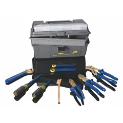 This 9-piece tool set includes a tongue and groove pliers, a slotted screwdriver, and an adjustable wrench, supplied in a tool box. Designed for use in hazardous environments where sparking tools are prohibited, such as areas with flammable gases, vapors, or dusts.