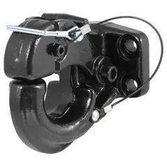 This CURT pintle hook is constructed from steel with a powder-coated finish. It is rated for a gross trailer weight capacity of 4,000 lb and a gross vehicle weight capacity of 20,000 lb. Typical applications include heavy-duty towing of construction trailers, agricultural equipment, and military vehicles using a lunette ring coupling.