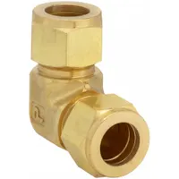 This double-ferrule brass compression fitting elbow connects two 1/2 in OD tubes at a 90° angle. It is configured as compression x compression and is compatible with Parker A-LOK fittings. Suitable for pneumatic, hydraulic, and instrumentation tubing systems requiring leak-tight, vibration-resistant joints