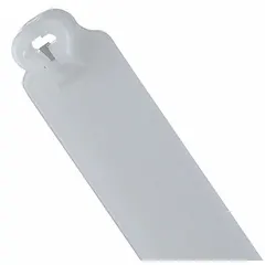 Natural nylon horizontal flag cable tie with a 2-1/4 in x 1/2 in marking pad for labeling wire bundles up to 4 in diameter. Parallel-to-tie design. Suitable for indoor bundling and identification in electrical and industrial applications. Not rated for outdoor use.