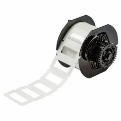 Thermal transfer precut label roll cartridge with acrylic permanent adhesive. Contains 750 labels measuring 1 inch by 2 inches. Compatible with BBP33, i3300, and i5300 printer series. Used for industrial identification, asset tracking, cable marking, and safety labeling in manufacturing and facility management environments.