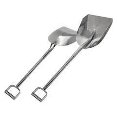 This stainless steel scoop features a 17-inch blade length and 13 3/4-inch blade width, suitable for transferring powders, granules, or bulk solids in sanitary material handling applications. The D-handle design facilitates efficient use in food processing, pharmaceutical, and cleanroom environments.