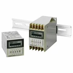 DIN rail-mounted timer relay with an input voltage of 100/110/120V AC. Timing range from 0.1 seconds to 9,990 hours. Suitable for time-delay control in industrial automation applications such as sequencing motors, conveyors, or lighting systems.