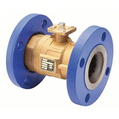 2-way flanged globe valve with brass body and stainless steel trim. Graphite-reinforced PTFE seat. Cv flow coefficient of 47, 2-1/2 inch flanged connection. Fluid temperature range 0 °F to 284 °F. Used for regulating or isolating flow in HVAC, process control, and water systems.