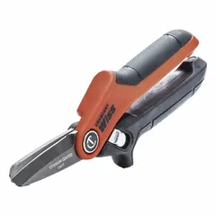 General-purpose scissors with 7 1/2 in overall length. Serrated steel blades provide a sharp cutting edge. Ambidextrous plastic handle in orange/black. Suitable for cutting various materials in workshops, warehouses, and maintenance tasks.