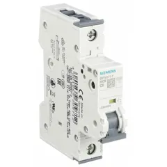 This C-curve, 1-pole supplementary protector is rated for 5 A and provides overcurrent protection for industrial equipment and control circuits. It has a maximum interrupting rating of 10 kA at 230/400 V AC and a DC voltage rating of 72 V. The device features screw clamp terminals and is designed for DIN rail mounting.