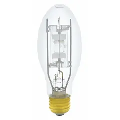 This 100-watt metal halide lamp features an ED17 shape and medium screw (E26) base. It operates at 100 volts with a 3000K color temperature, providing warm-white illumination. Suitable for general lighting in commercial and industrial spaces such as warehouses, retail stores, and gymnasiums.