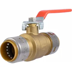 Brass ball valve with straight body and push-fit connections for copper, CPVC, or PEX tubing. Lever handle provides manual on/off flow control. Rated for 250 psi CWP. Suitable for residential and commercial plumbing systems.