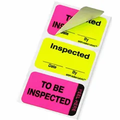 Paper label with green/pink color scheme and English text. Rectangle shape, 1 1/2 in wide by 1 in high. Supplied in a 250-pack. Used for quality control inspection marking, equipment identification, or general safety labeling in industrial facilities.