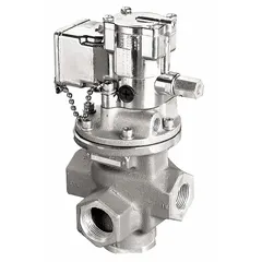 Three-way, two-position pilot-operated poppet valve with locking mechanism and pilot return. Rated for 250 psig. Used in industrial pneumatic systems for remote pilot applications requiring secure directional control of compressed air.