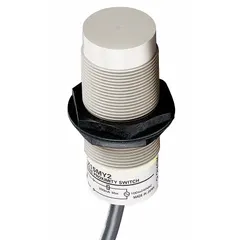 Capacitive cylindrical proximity sensor with 12 mm diameter, 3-wire non-terminated cable, and NPN output. Operates on 10-30V DC supply voltage. Detects metallic and non-metallic objects including liquids, plastics, and powders. Suitable for level sensing, packaging, and material handling applications requiring non-contact detection.