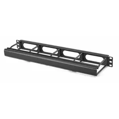 Steel horizontal ring-style cable manager in black finish. Occupies 1U of rack space with single-side orientation for routing and securing cables in standard 19-inch equipment racks.