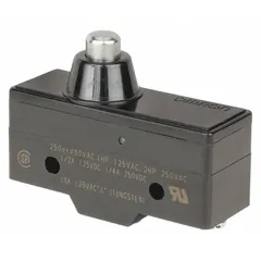 Plunger snap-action switch from OMRON Series A with 1NO/1NC contact configuration. Rated for 20 A at 480 V AC, with screw-type electrical connections. Suitable for industrial control and automation applications requiring reliable position sensing or limit switching.