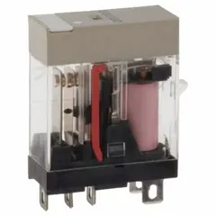 This OMRON G2RS series relay features a 110V AC coil, SPDT contact configuration, and 5 plug-in terminals. It has a square base and mounts via plug-in style. The H socket (MPN G2R-1-SN AC110(S)) is included for electrical connection. Typical applications include switching loads in industrial control panels, automation systems, and HVAC equipment.