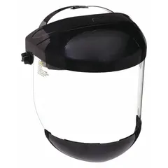 This CONDOR face shield features a clear, uncoated, reusable polycarbonate visor measuring 15 1/2 inches wide by 7 inches high. The black headgear is included. It is suited for general-purpose splash and impact protection in industrial environments such as machining, assembly, and maintenance.