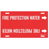 Red pipe marker with white legend reading 'Fire Protection Water' and directional arrows. Fits pipe outer diameters of 10 to 15 inches. Used to identify fire protection water lines in industrial piping systems