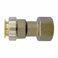 This removable brass push-to-connect tube fitting is configured as a Push-to-Connect x FNPT adapter, allowing a tube connection on one side and a female NPT threaded port on the other. It enables quick, tool-free connections in pneumatic or fluid systems, supporting efficient installation and maintenance