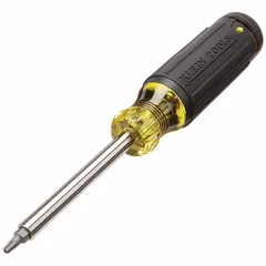Multi-bit screwdriver with 26 tamper-resistant tips including security hex, security Torx, spanner, and Torq-Set. Security hex sizes: 3/32 in, 7/64 in, 1/8 in, 9/64 in, 5/32 in, 3/16 in, 2 mm, 2.5 mm, 5 mm, and 3 mm. Used for driving security fasteners in equipment and hardware where standard bits cannot engage.