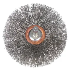 Crimped stainless steel fill brush for light cleaning and surface preparation on stainless steel. 3" diameter, 1/2" width, 0.014" fill, 1/4" shank. Used for deburring, blending, and removing oxidation without contamination.