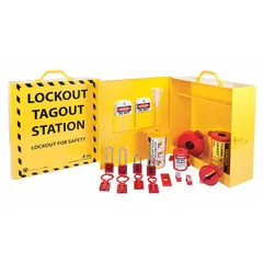 This ZING lockout station is a wall-mountable, portable unit made of stainless steel with a closed, windowless cover. It comes filled with 37 components including two single breaker lockouts, two valve lockout devices, two plug lockout devices, two button lockouts, and one switch, all keyed different. Designed for organizing and centralizing lockout/tagout procedures for electrical and valve energy isolation during maintenance.