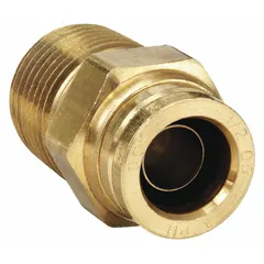 This brass push-to-connect adapter fitting connects 3/4 in OD tubing to a 1/2 in male NPT port. Designed for air brake systems and pneumatic circuits, it enables tool-free assembly in industrial and commercial vehicle applications.