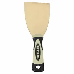 Standard scraper with a stiff brass blade and plastic handle. Bent blade shape allows controlled scraping on flat surfaces. Overall length 8 inches. Suitable for removing paint, adhesive, and coatings from metal, masonry, or wood.