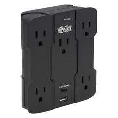 General purpose surge protector with 5 outlets, rated at 1050 J energy absorption and 3.9 A current. UL 1449 listed, black housing, 5-15P plug, and keyhole mounting for wall installation. Suitable for protecting office equipment, workstations, and light industrial electronics from voltage spikes.