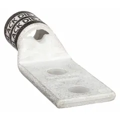 This two-hole compression lug is designed for terminating 2/0 AWG stranded copper wire. It features a copper barrel and a 3/8 in stud size, with an inspection hole for verifying full wire insertion. Suitable for use in power distribution panels, switchgear, and heavy machinery.