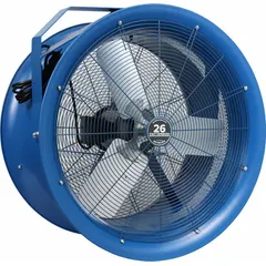 This PATTERSON fan is a ceiling-mounted, non-oscillating unit with a 26-inch blade diameter. It is powered by a 277V AC, 1 hp motor and operates at a single speed. Designed for high-velocity air circulation in large spaces such as warehouses, factories, and workshops.