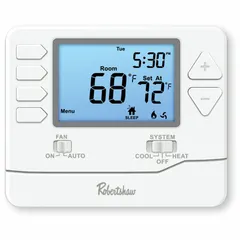 Square push-button thermostat for heat and cool applications. Controls 2H/2C stages with manual changeover and 7-day programming. Temperature range 44° to 90°F. Mounts horizontally. Terminal designation Y.