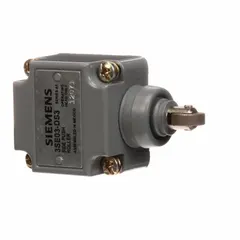 Roller plunger head for 3SE03 series limit switch bodies. Side-mounted actuator with momentary action. Roller positioned on side for mechanical position detection in industrial automation applications such as conveyor systems and packaging machinery.