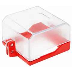 This hinged push-button lockout secures push-button controls during maintenance to prevent accidental machine startup. It accommodates buttons up to 2.36 inches in diameter and is made of clear material for visibility. Dimensions are 5.25 inches by 4 inches by 3.875 inches.