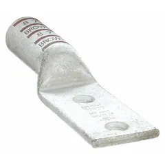 This two-hole compression lug is designed for terminating 500 kcmil stranded copper wire. It features a long copper barrel and a 3/8 in stud size, with no inspection hole. Suitable for use in power distribution panels, switchgear, and heavy machinery requiring secure high-current connections.