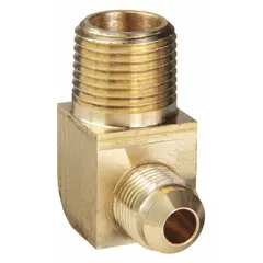 Brass flared/threaded 45-degree elbow for connecting 3/8 in OD tubing to 1/2 in pipe threads. UL Listed for safety compliance. Suitable for hydraulic, pneumatic, and instrumentation fluid systems requiring leak-resistant connections.
