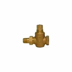 This 2-way globe valve features a brass body, stainless steel stem, and stainless steel seat. It has a CV flow rating of 6.3 and 3/4 in female/male NPT connections. Used in hydronic systems for regulating water flow in heating and cooling applications.
