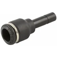 This AIGNEP tube fitting is a push-to-connect x tube stem type, made of black nylon with nickel-plated brass. It connects 10 mm OD and 12 mm OD tubing for pneumatic systems, enabling tool-free assembly in applications such as industrial automation and packaging