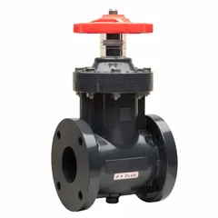 This ASAHI gate valve features a 10-inch non-rising stem PVC body with Class 150 flanged ends. It is rated for 110 psi CWP and includes a PVC bonnet and polypropylene wedge. The valve is operated by a handwheel and is suited for potable water systems requiring corrosion resistance.