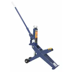 Steel-bodied forklift jack with a 4-ton load capacity and 2 1/2 in minimum lift. Operated by a manual handle mechanical actuator. Used for lifting the front or rear of forklifts during tire changes, brake service, and undercarriage maintenance.