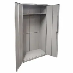 This commercial wardrobe cabinet from LYON features a tan frame construction with a tan finish, one adjustable shelf, and a swing handle with keyed lock. It is supplied fully assembled and measures 36 x 24 x 72 inches. Suitable for secure storage of workwear, tools, or supplies in industrial facilities, warehouses, and offices.