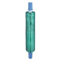 Light green handle-with-brake stretch wrap film for manual pallet wrapping. Provides controlled tension during application to secure and stabilize loads during storage and transport. 20-inch width by 800-foot length roll