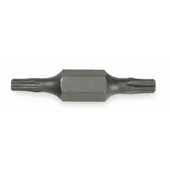 Double-ended driver bit with T10 Torx on side 1 and a hex shank for use with hand drivers. Made of S2 steel. Supplied as a standard 2-pack. Suitable for driving and removing Torx fasteners in electrical, maintenance, and assembly tasks.