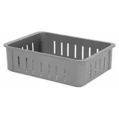 Composite stacking tub with vented walls for washdown and drainage applications. Withstands temperatures from -60°F to 250°F. No lid included. Dimensions: 16 1/2 in x 11 3/8 in x 4 5/8 in.
