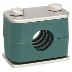 This beta clamp features a 304 stainless steel clamp with a polypropylene cushion and a textured core design. It is used to secure and cushion tubing or piping in industrial systems, reducing vibration and noise. The ribbed bore provides a firm grip while protecting surfaces.