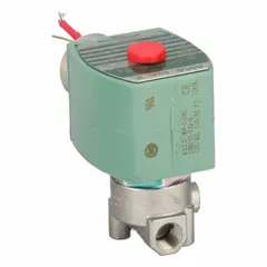 This REDHAT solenoid valve is a 2-way, 2-position normally closed type with a 1/8 in pipe size. It operates on 120V AC (also compatible with 110V AC) and features a watertight coil enclosure. Designed for high-flow applications, it is suitable for on/off control of water, air, and light oil in industrial fluid systems.