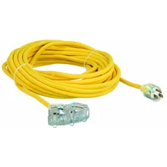 This 50 ft outdoor extension cord features three grounded outlets and a NEMA 5-15P plug. The 12/3 SJTOW construction provides flexibility and resistance to weather, with a temperature range of -58° to 194°F. Suitable for powering tools, lights, or equipment in outdoor settings such as construction sites or landscaping.