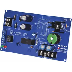 The ALTRONIX SMP3PM is a supervised power supply board that converts 12/28V AC input to regulated 12/24VDC output at 2.5A. Constructed on phenolic/fiberglass material, it is suitable for use in industrial control panels, security systems, and access control applications requiring reliable DC power from an AC source.