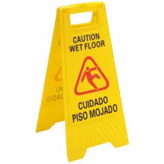 This folding sign is made of polypropylene and displays a bilingual caution message for wet floor hazards. It measures 24 5/8 in x 10 3/4 in x 1 1/2 in, is yellow, and is not retroreflective or glow-in-the-dark. Commonly used in commercial and industrial settings to alert personnel and visitors to slippery conditions during cleaning or after spills.